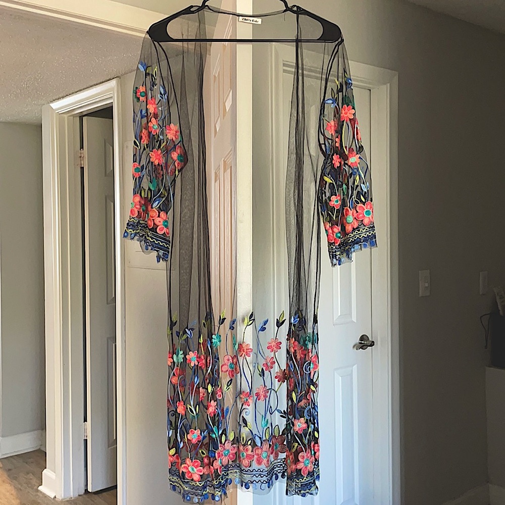 Black see through embroidered kimono